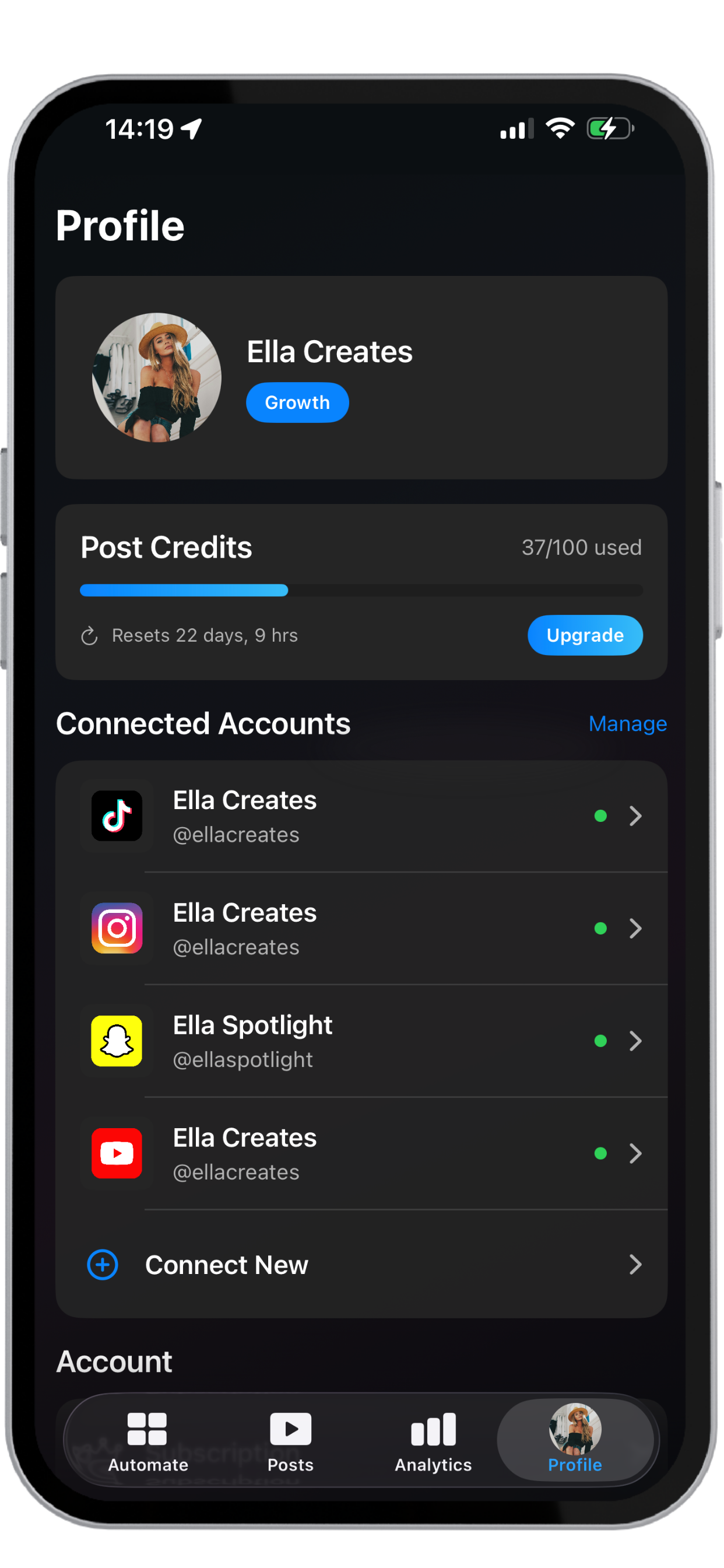 MultiPost Profile screen showing post credits and connected accounts
